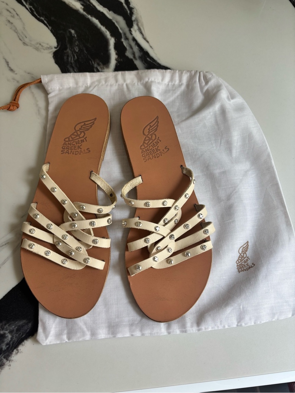 Ancient Greek Sandals Women's Ivory Leather Stud Strap Slide Sandals